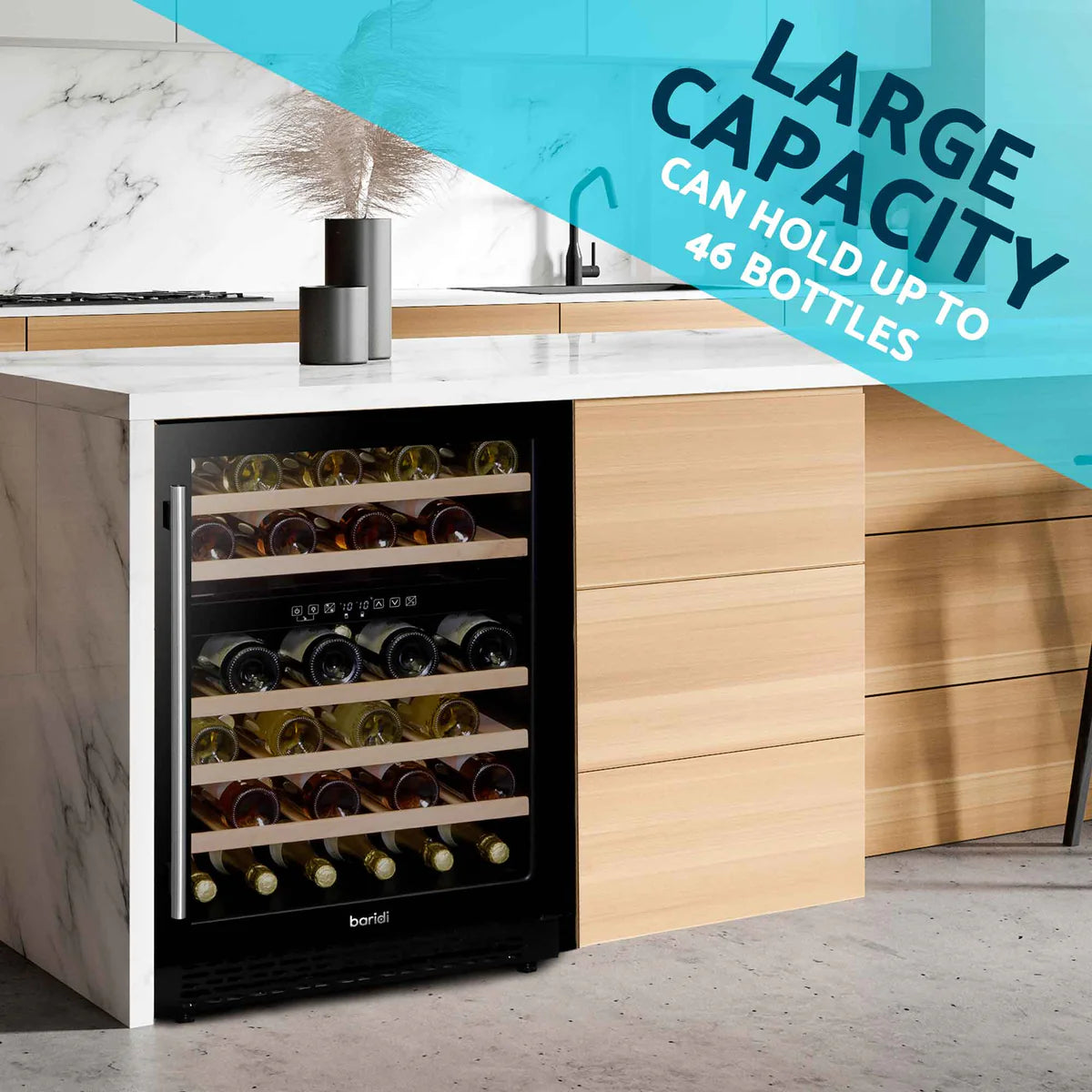 Baridi DH79 Dual Zone Under-Counter Freestanding Wine Cooler Fridge with Digital Touchscreen Controls & LED Light, 46 Bottle Capacity, Black