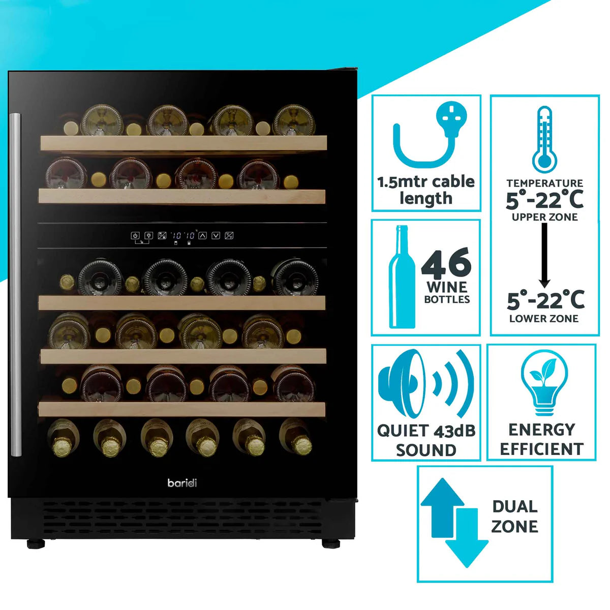 Baridi DH79 Dual Zone Under-Counter Freestanding Wine Cooler Fridge with Digital Touchscreen Controls & LED Light, 46 Bottle Capacity, Black