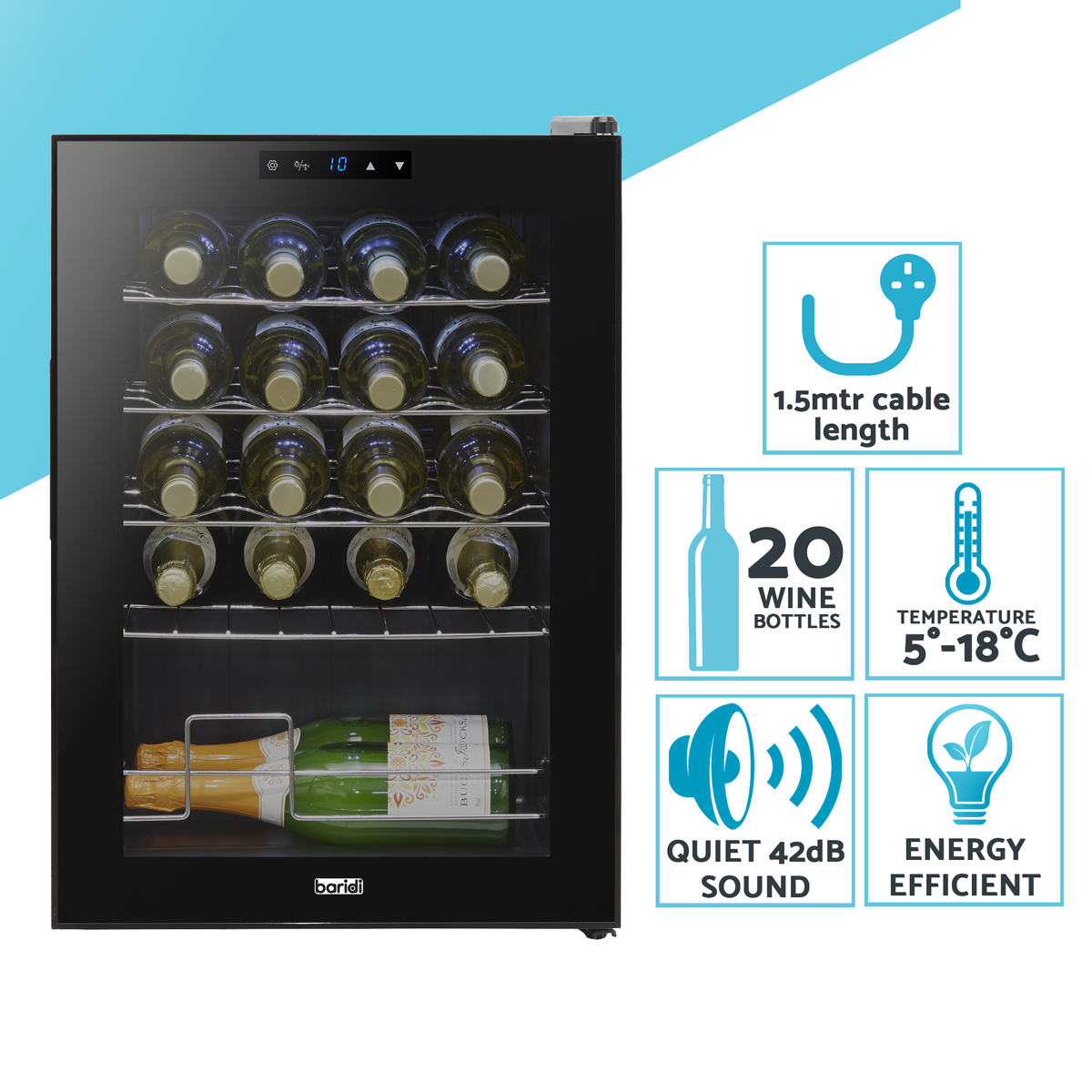 Baridi Wine Cooler Fridge, 20 Bottle, Black (DH8) (Factory Refurbished A)