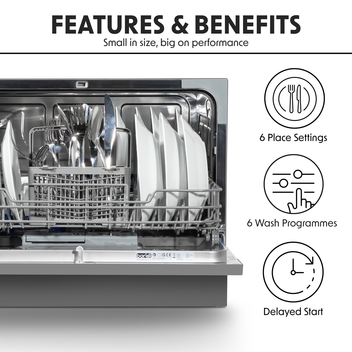 Baridi Tabletop Dishwasher, 6 Place Settings, 6.5L Capacity, Silver (DH84) (Factory Refurbished B)