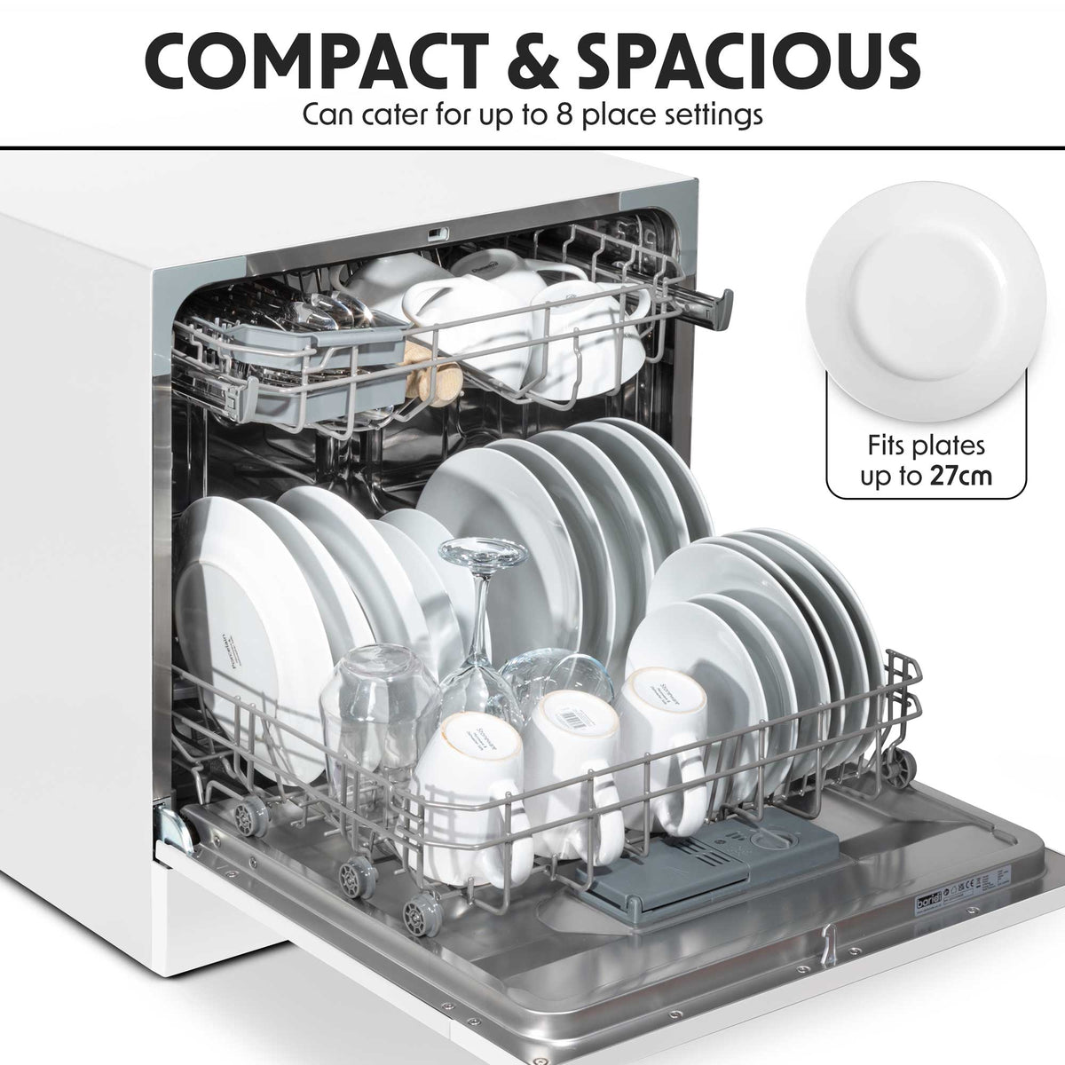 Baridi DH86 Compact Tabletop Counter Dishwasher, 8 Litre Capacity, 8 Place Settings, 6 Programmes, White