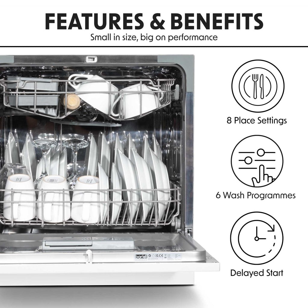 Baridi DH86 Compact Tabletop Counter Dishwasher, 8 Litre Capacity, 8 Place Settings, 6 Programmes, White
