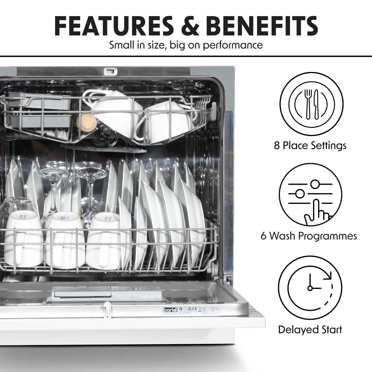 Baridi DH86 Compact Tabletop Counter Dishwasher, 8 Litre Capacity, 8 Place Settings, 6 Programmes, White