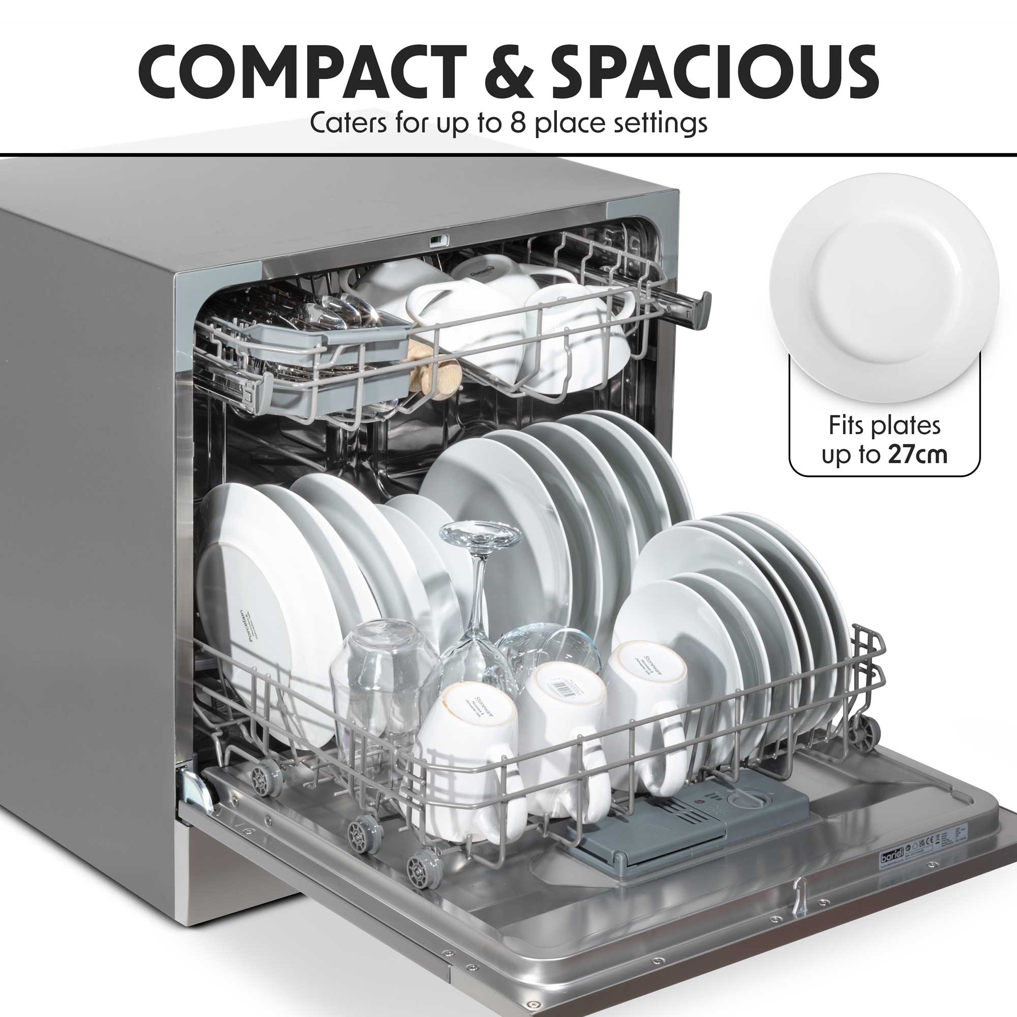 Baridi DH86 Compact Tabletop Counter Dishwasher, 8 Litre Capacity, 8 Place Settings, 6 Programmes, Silver