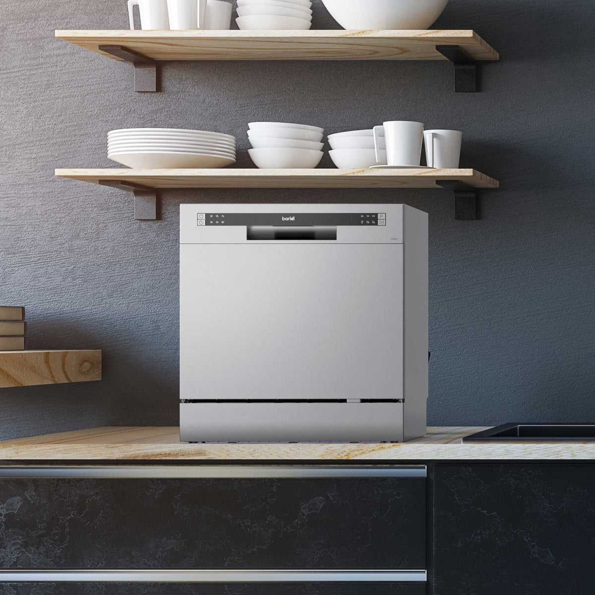 Baridi DH87 Compact Tabletop Counter Dishwasher, 8 Litre Capacity, 8 Place Settings, 6 Programmes, Silver