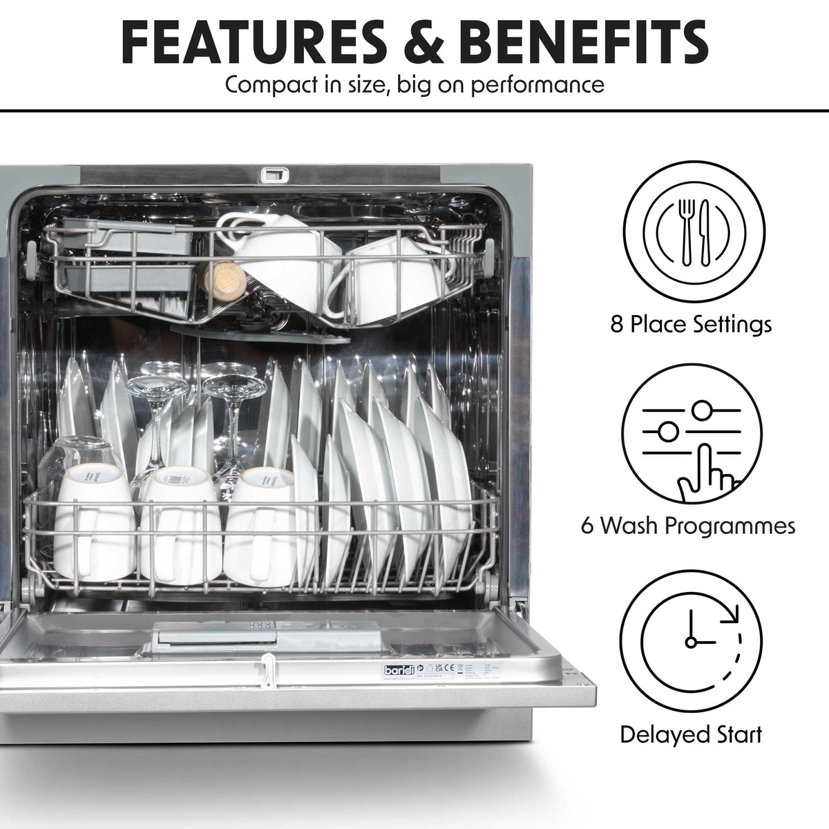 Baridi DH87 Compact Tabletop Counter Dishwasher, 8 Litre Capacity, 8 Place Settings, 6 Programmes, Silver