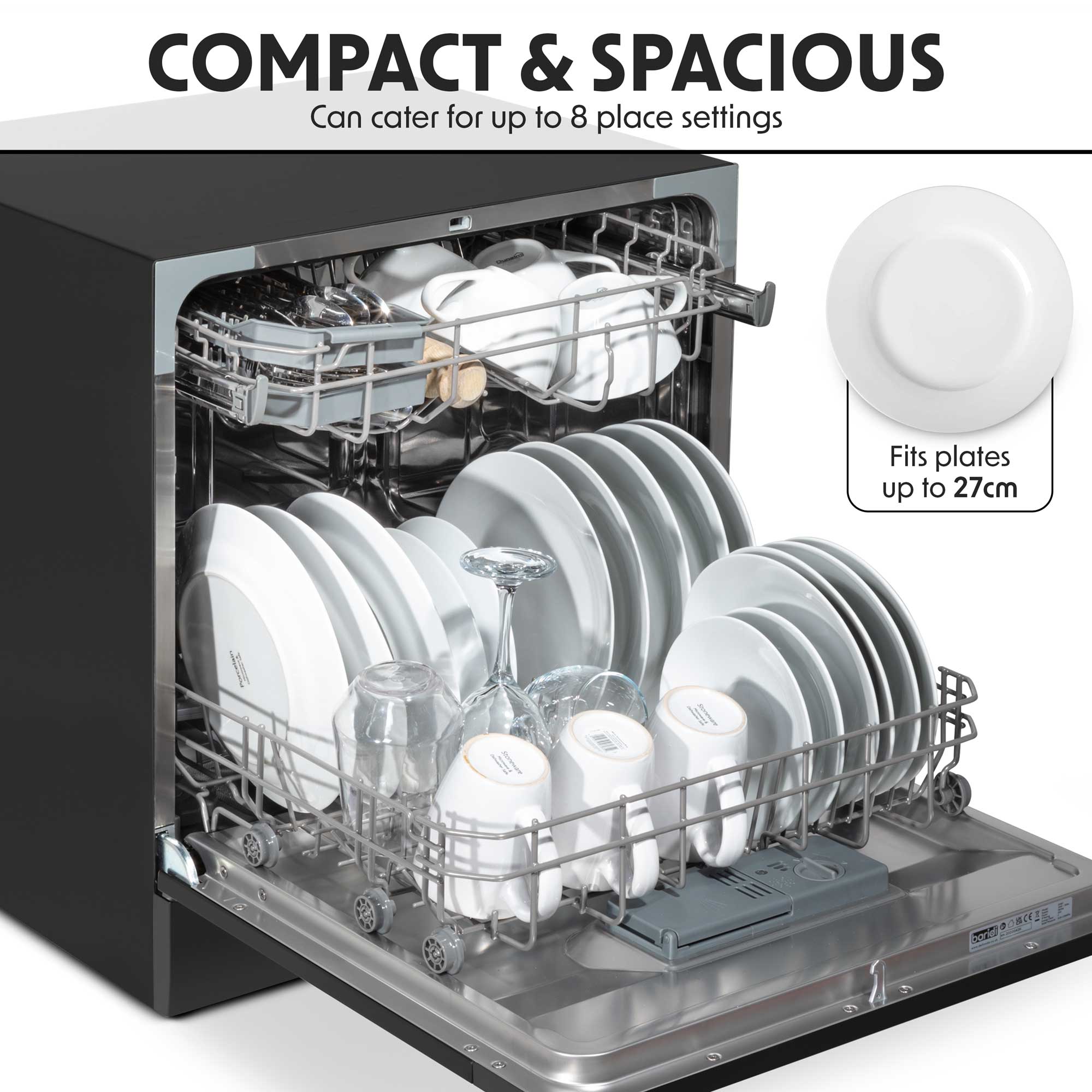 Baridi DH88 Compact Tabletop Counter Dishwasher, 8 Litre Capacity, 8 Place Settings, 6 Programmes, Black