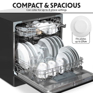 Baridi DH88 Compact Tabletop Counter Dishwasher, 8 Litre Capacity, 8 Place Settings, 6 Programmes, Black