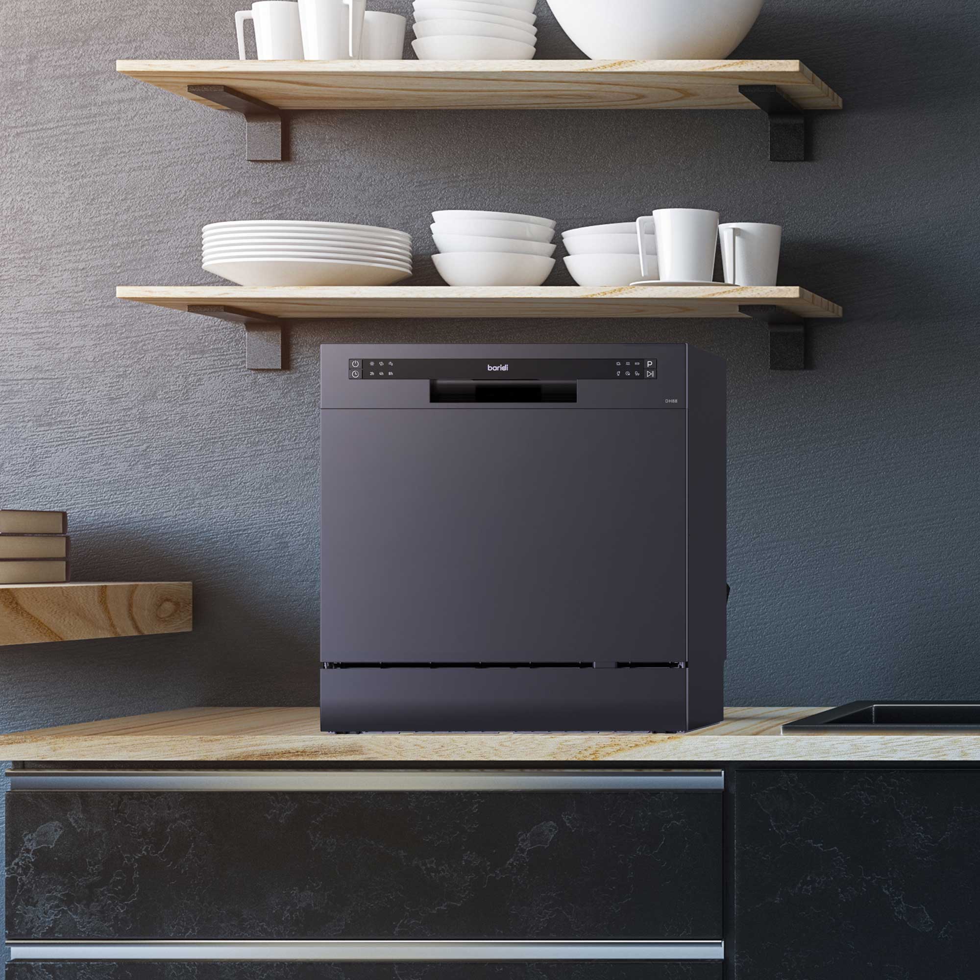 Baridi DH88 Compact Tabletop Counter Dishwasher, 8 Litre Capacity, 8 Place Settings, 6 Programmes, Black