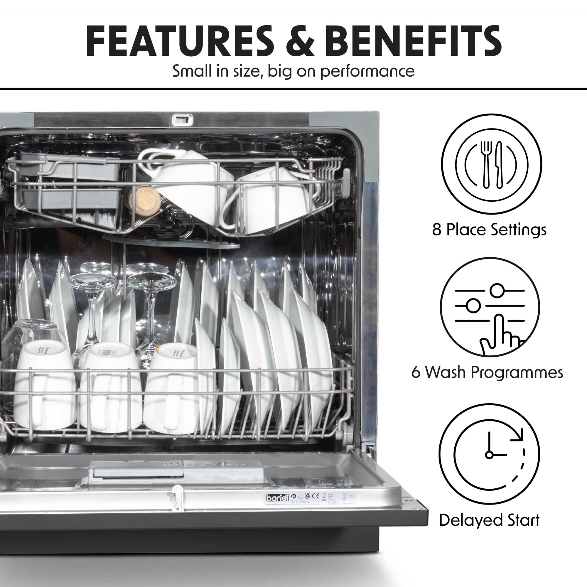 Baridi DH88 Compact Tabletop Counter Dishwasher, 8 Litre Capacity, 8 Place Settings, 6 Programmes, Black