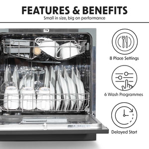 Baridi DH88 Compact Tabletop Counter Dishwasher, 8 Litre Capacity, 8 Place Settings, 6 Programmes, Black