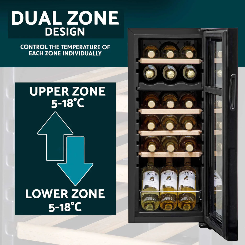 Baridi DH89 Dual Zone Wine Cooler Fridge with Digital Touchscreen Controls, LED Light, 18 Bottle Capacity, Black