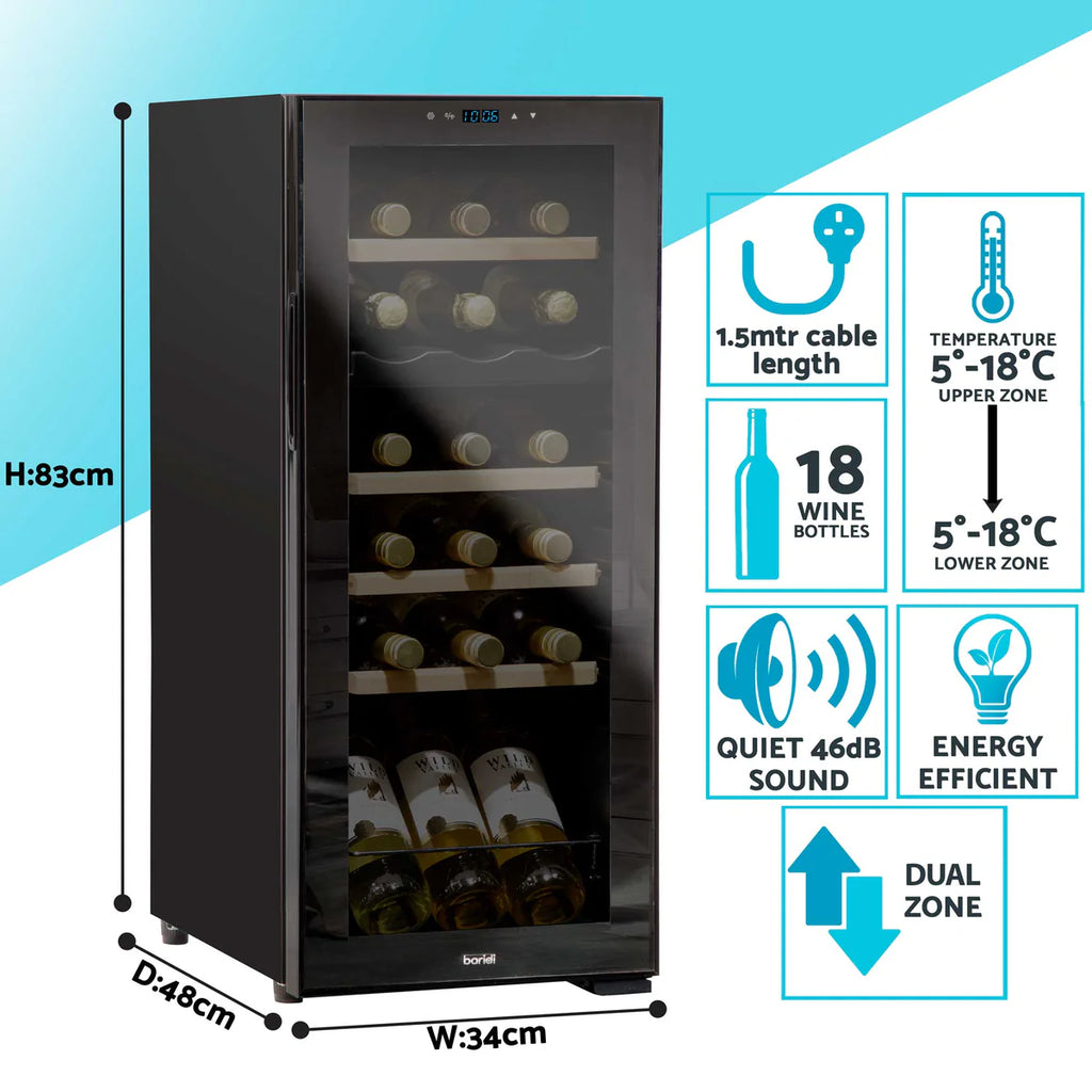 Baridi DH89 Dual Zone Wine Cooler Fridge with Digital Touchscreen Controls, LED Light, 18 Bottle Capacity, Black