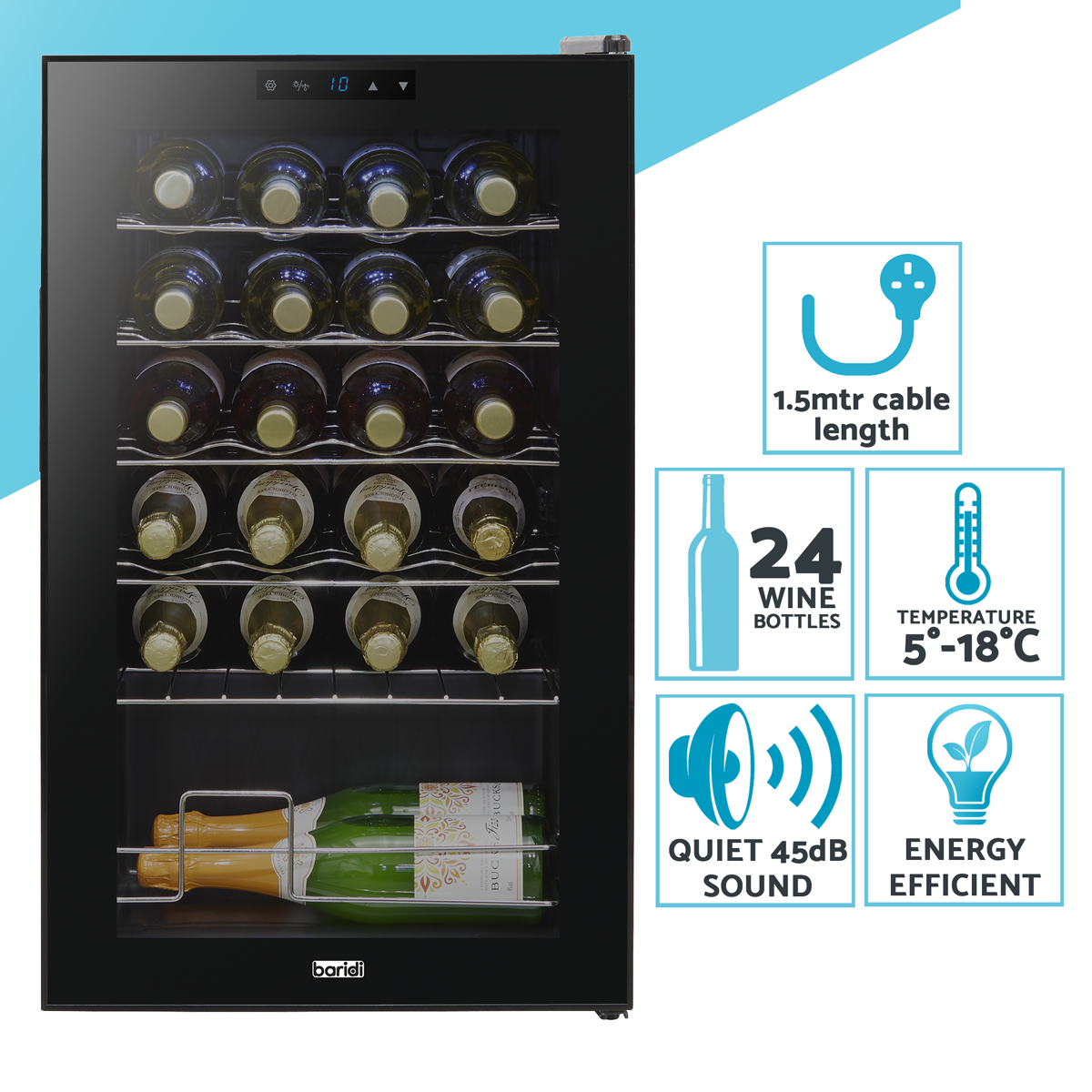 Baridi Wine Cooler Fridge, 24 Bottle, Black (DH9)