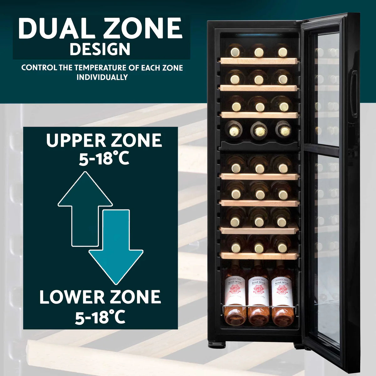 Baridi DH90 Dual Zone Wine Cooler Fridge with Digital Touchscreen Controls, LED Light, 27 Bottle Capacity, Black