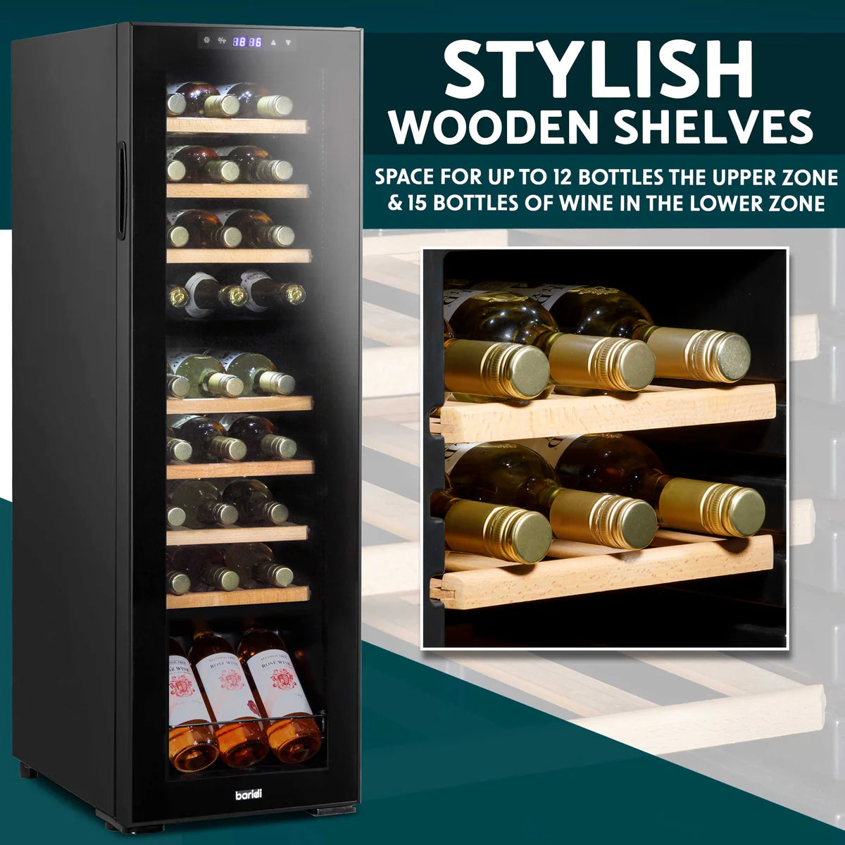 Baridi DH90 Dual Zone Wine Cooler Fridge with Digital Touchscreen Controls, LED Light, 27 Bottle Capacity, Black