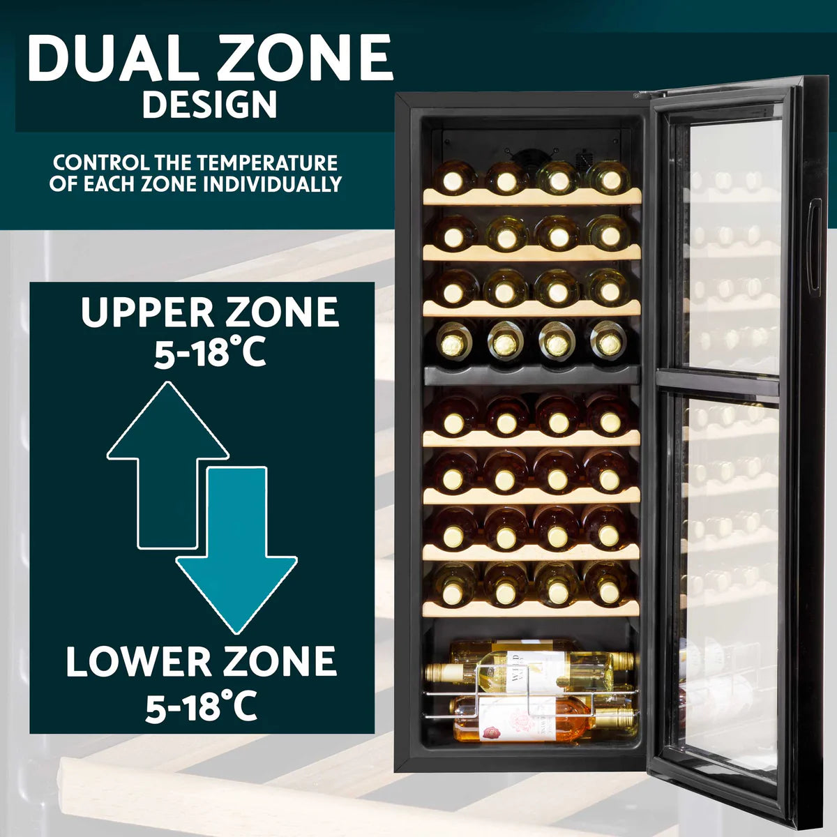 Baridi DH91 Dual Zone Wine Cooler Fridge with Digital Touchscreen Controls, LED Light, 36 Bottle Capacity, Black