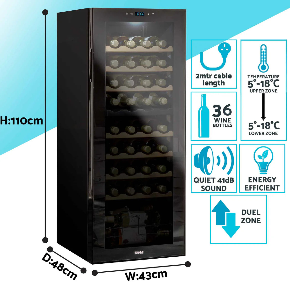 Baridi DH91 Dual Zone Wine Cooler Fridge with Digital Touchscreen Controls, LED Light, 36 Bottle Capacity, Black