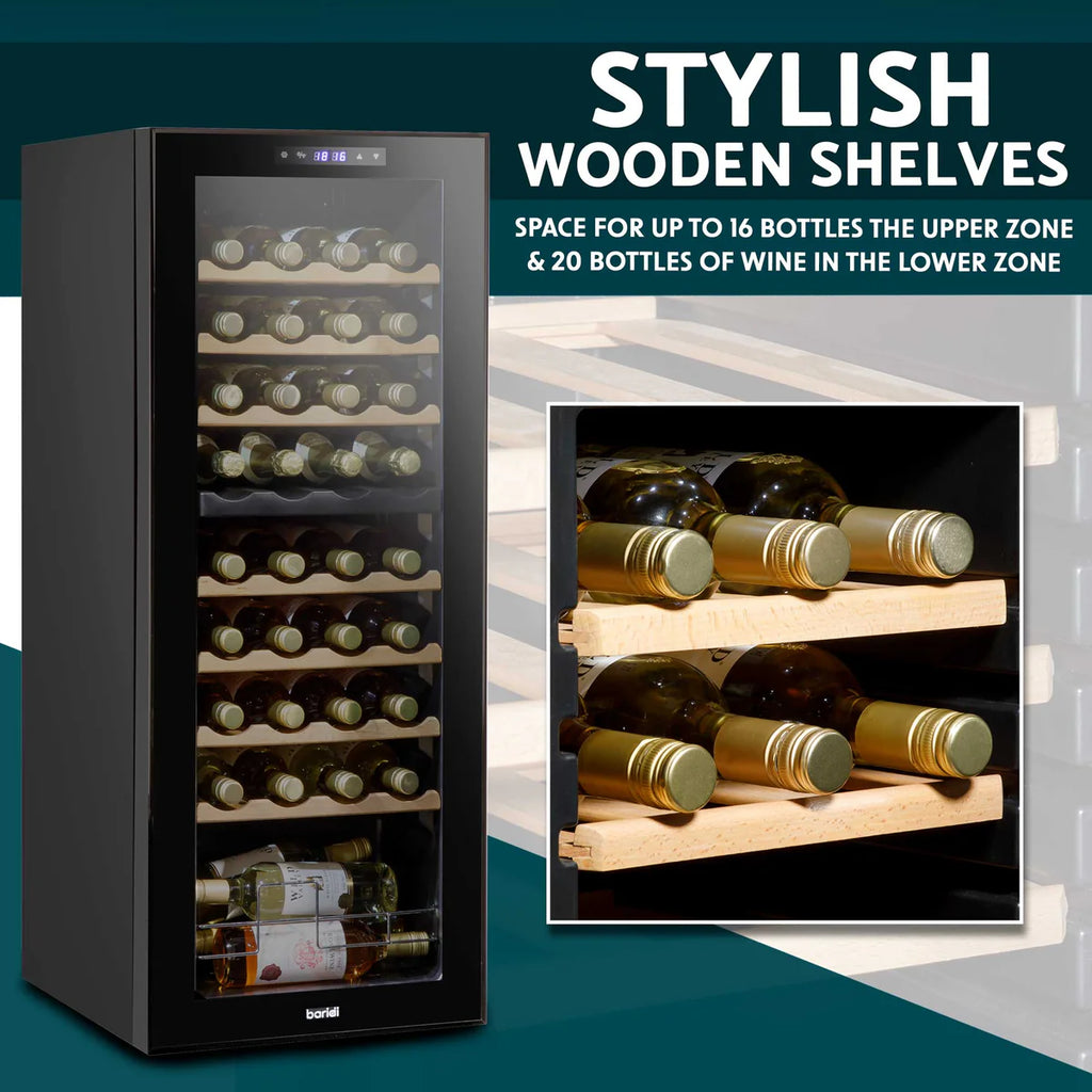 Baridi DH91 Dual Zone Wine Cooler Fridge with Digital Touchscreen Controls, LED Light, 36 Bottle Capacity, Black