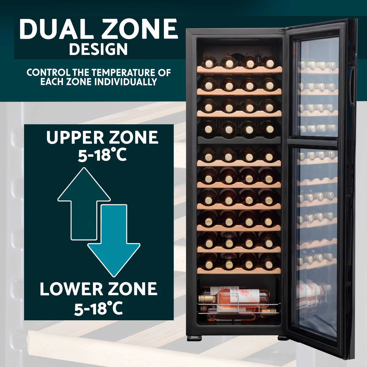 Baridi DH92 Dual Zone Wine Cooler Fridge with Digital Touchscreen Controls, LED Light, 44 Bottle Capacity, Black