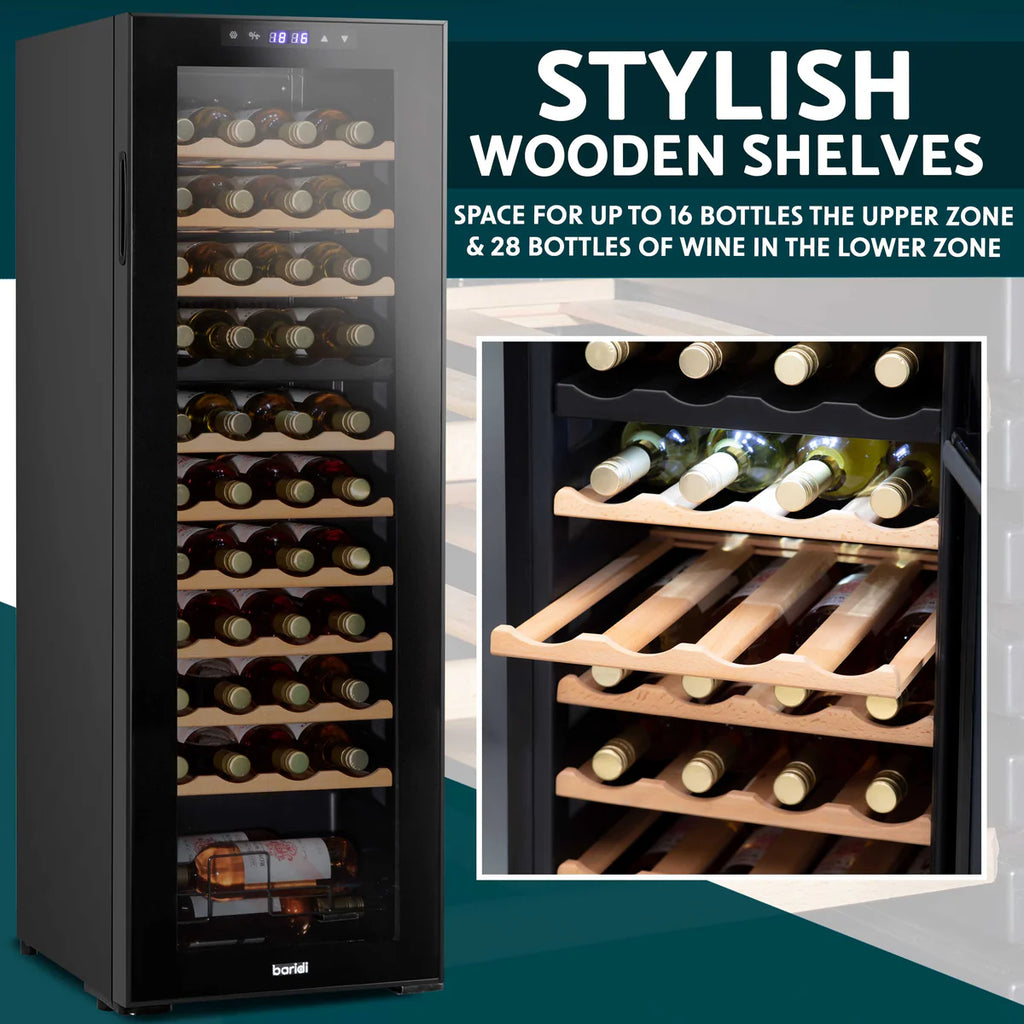Baridi DH92 Dual Zone Wine Cooler Fridge with Digital Touchscreen Controls, LED Light, 44 Bottle Capacity, Black