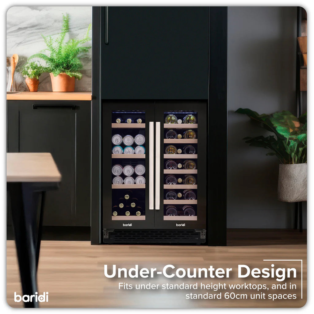 Baridi DH96 Dual Zone Under-Counter Freestanding Wine Cooler Fridge with Digital Touchscreen Controls & LED Light, 40 Bottle/120 Can Capacity, Black