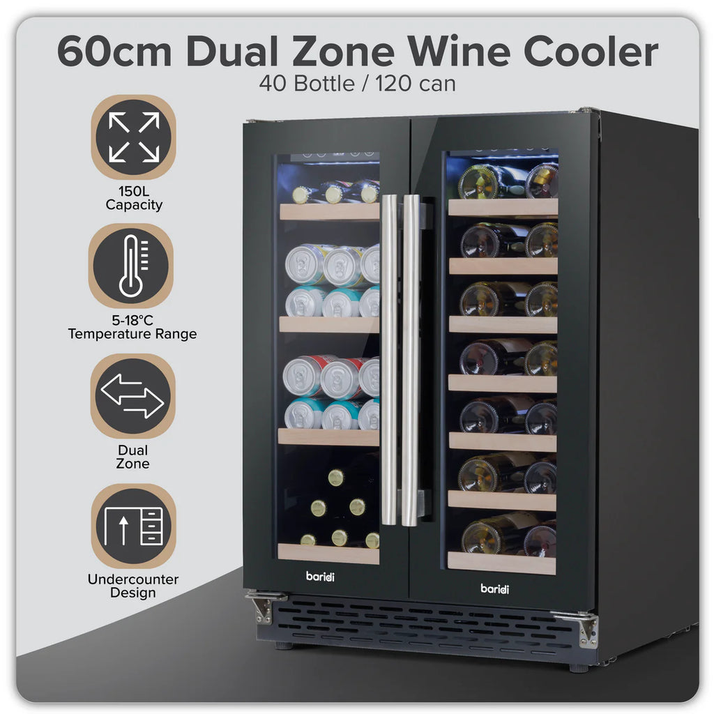 Baridi DH96 Dual Zone Under-Counter Freestanding Wine Cooler Fridge with Digital Touchscreen Controls & LED Light, 40 Bottle/120 Can Capacity, Black