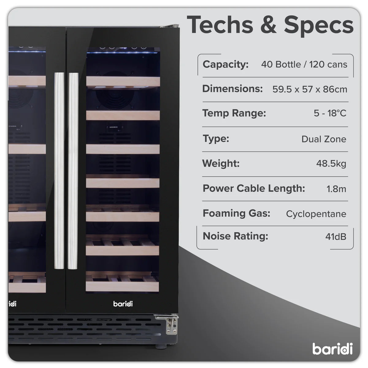 Baridi DH96 Dual Zone Under-Counter Freestanding Wine Cooler Fridge with Digital Touchscreen Controls & LED Light, 40 Bottle/120 Can Capacity, Black