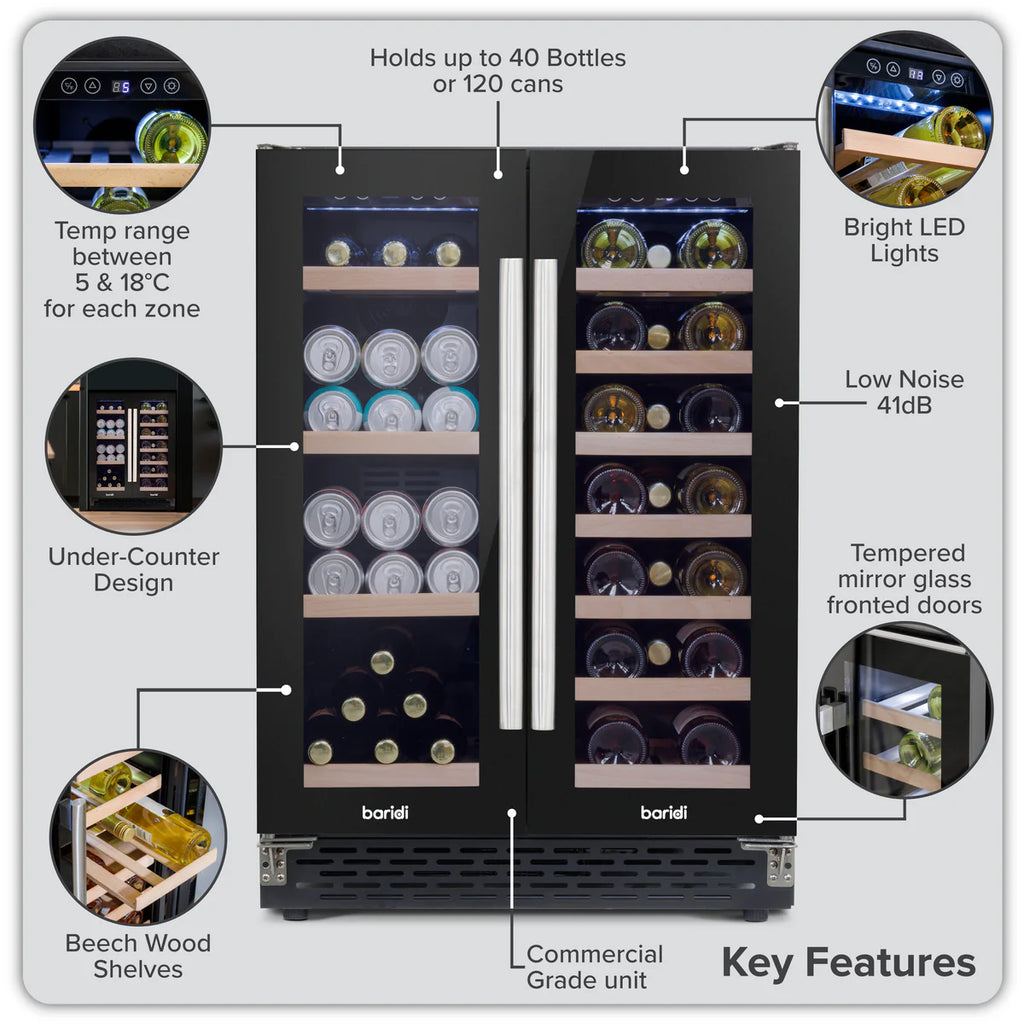 Baridi DH96 Dual Zone Under-Counter Freestanding Wine Cooler Fridge with Digital Touchscreen Controls & LED Light, 40 Bottle/120 Can Capacity, Black