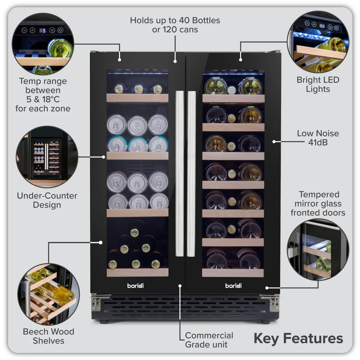 Baridi DH96 Dual Zone Under-Counter Freestanding Wine Cooler Fridge with Digital Touchscreen Controls & LED Light, 40 Bottle/120 Can Capacity, Black
