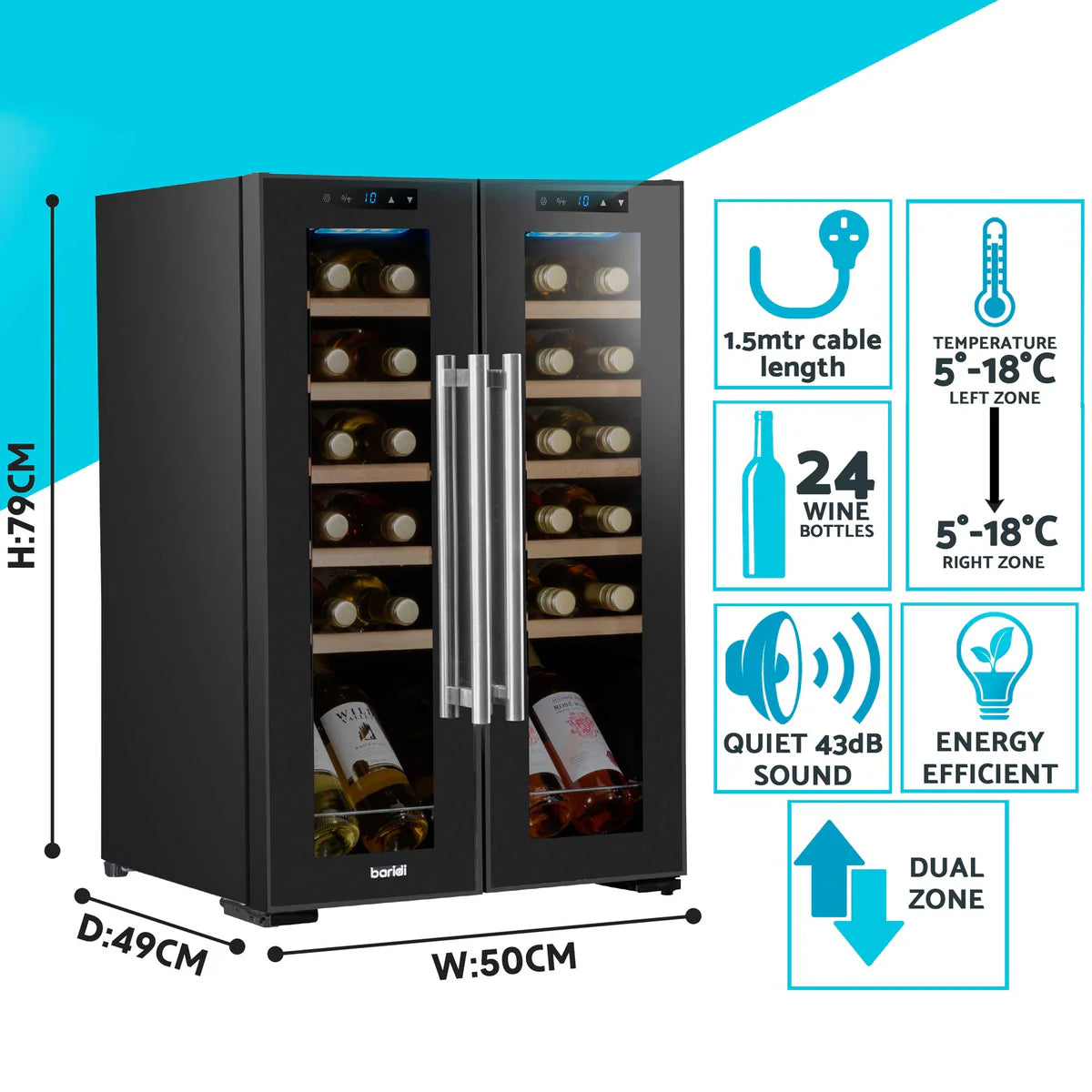Baridi DH97 Dual Zone Wine Cooler Fridge with Digital Touchscreen Controls, LED Light, 24 Bottle Capacity, Black