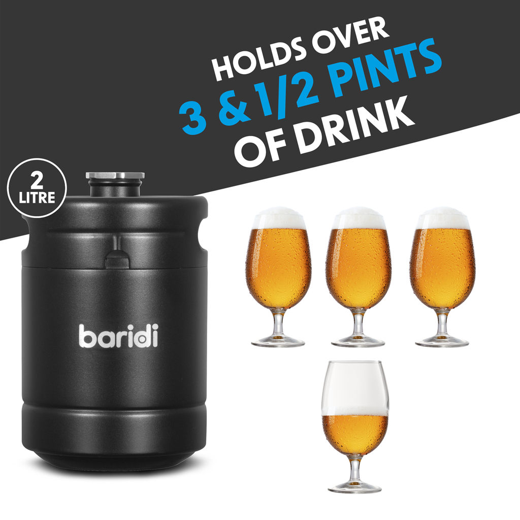 Baridi Stainless Steel Growler Keg, 2L Capacity, Black (DH99) (Factory Refurbished A)