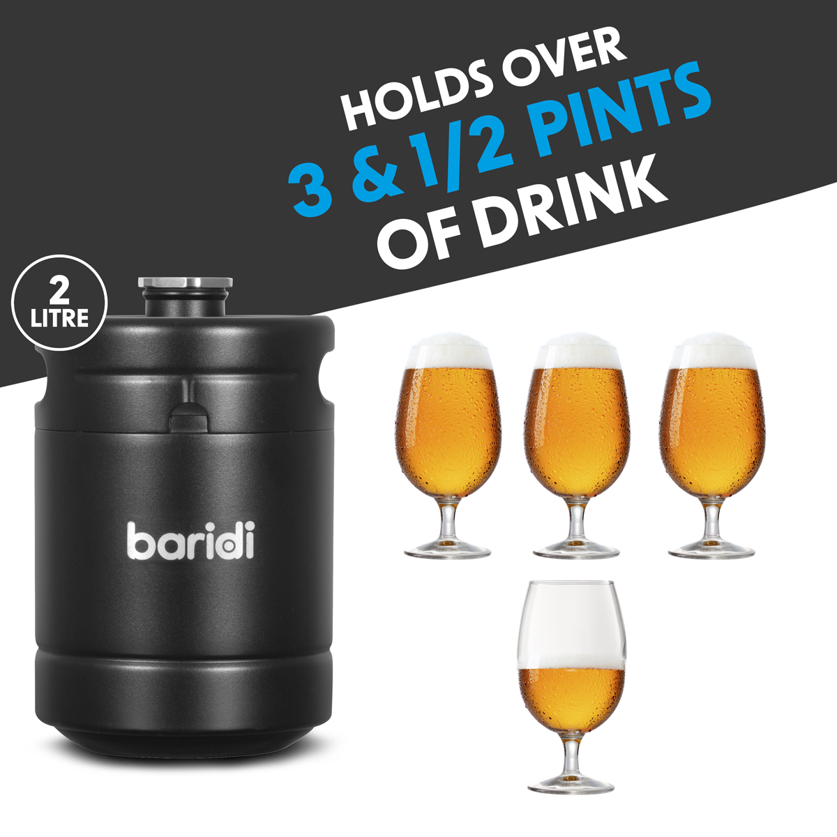 Baridi Stainless Steel Growler Keg, 2L Capacity, Black (DH99) (Factory Refurbished A)