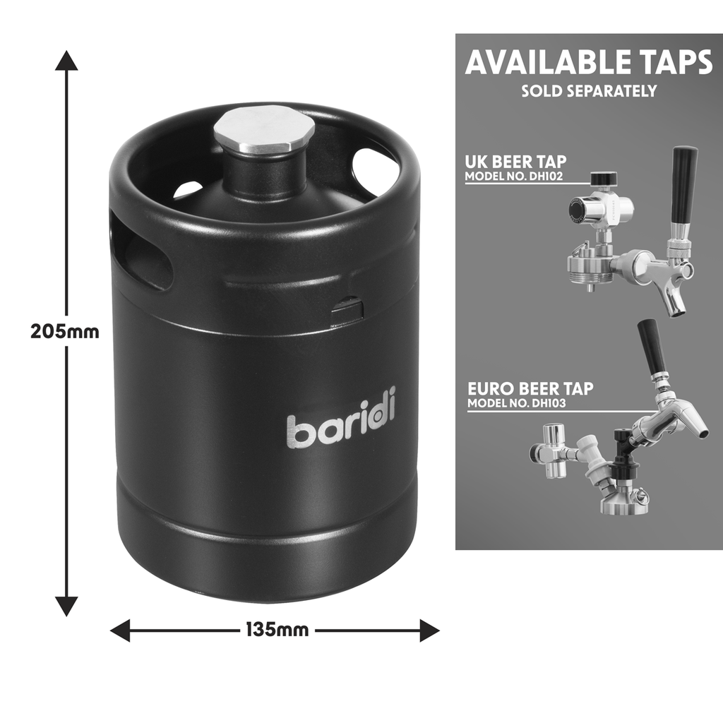 Baridi Stainless Steel Growler Keg, 2L Capacity, Black (DH99) (Factory Refurbished A)