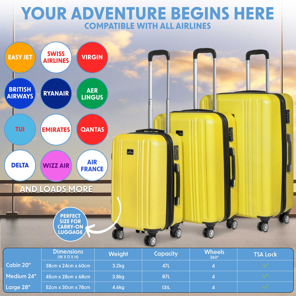 Dellonda Lightweight ABS Luggage Set with TSA Lock, 3-Piece, Yellow (DL124)