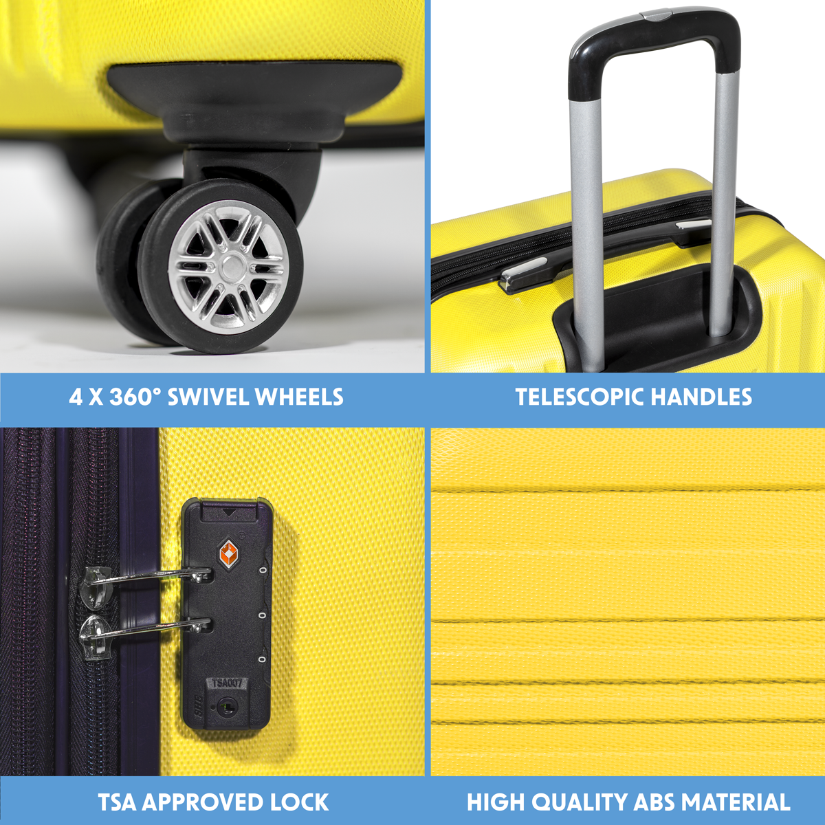 Dellonda Lightweight ABS Luggage Set with TSA Lock, 3-Piece, Yellow (DL124)