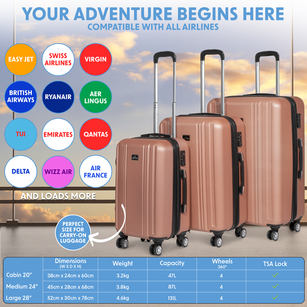 Dellonda Lightweight ABS Luggage Set with TSA Lock, 3-Piece, Rose Gold (DL125)