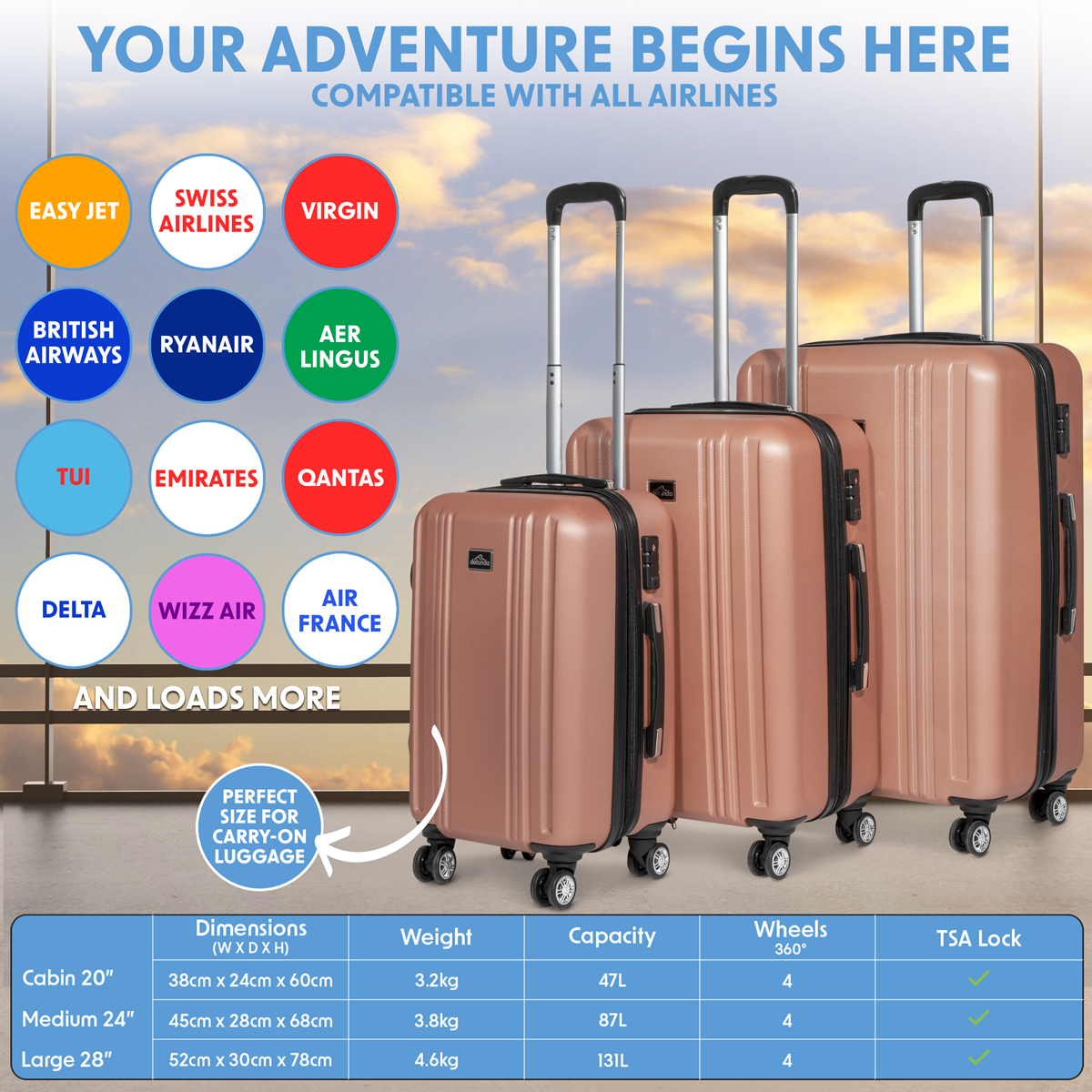 Dellonda Lightweight ABS Luggage Set with TSA Lock, 3-Piece, Rose Gold (DL125)