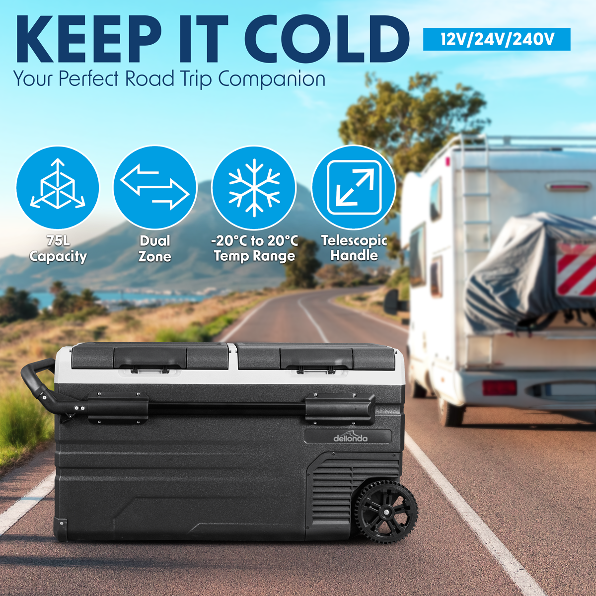 Dellonda DG127 Dual Zone Portable Fridge, Freezer & Cool Box with LED Display, 75 Litre Capacity, 12/24V