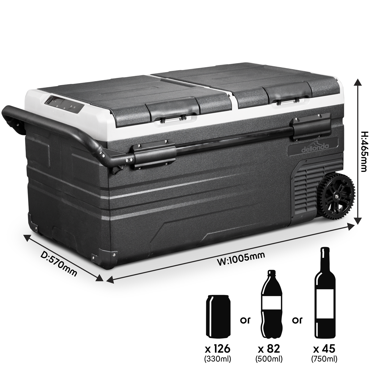 Dellonda DL128 Dual Zone Portable Fridge Freezer & Cool Box with LED Display, 95 Litre Capacity, 12/24V