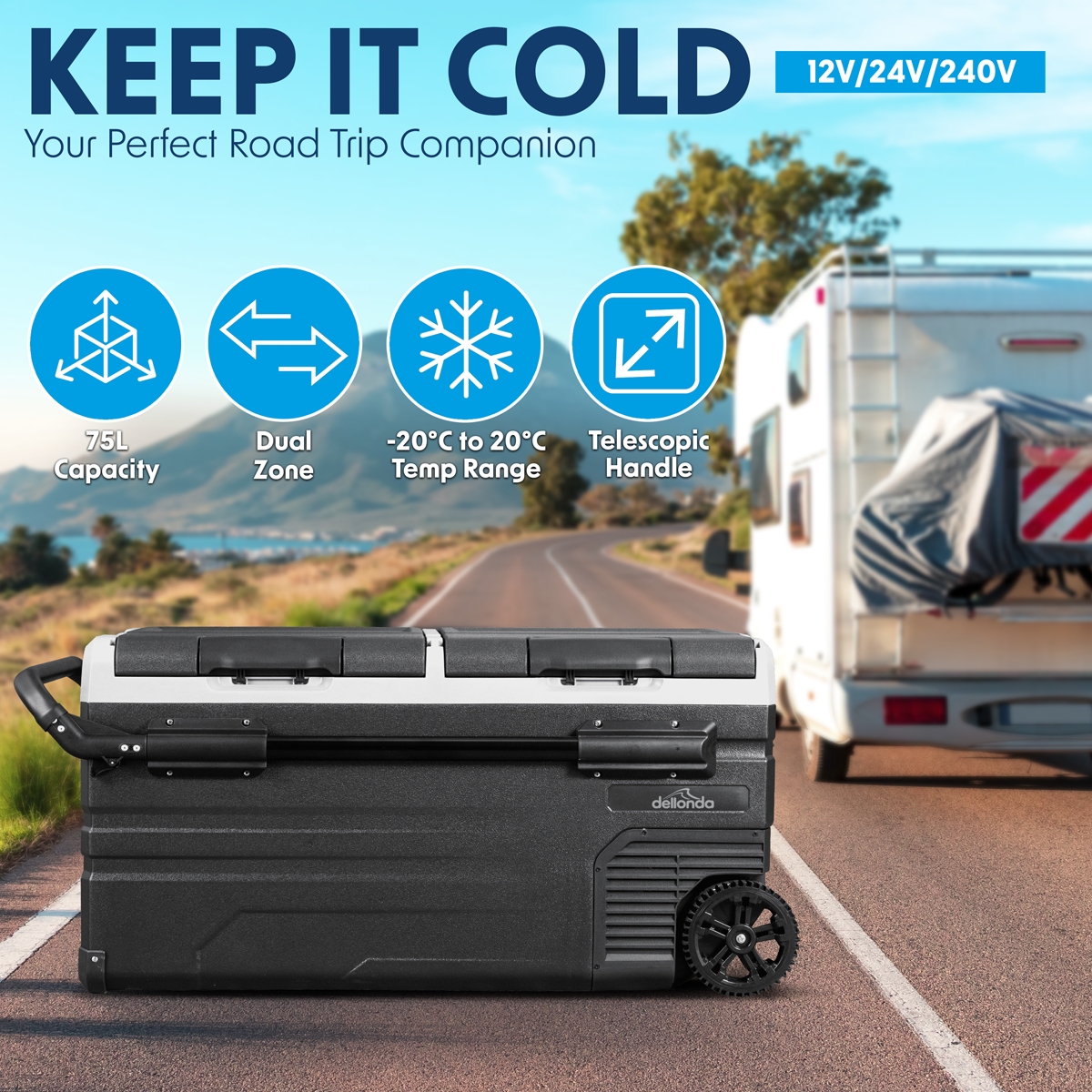 Dellonda DL128 Dual Zone Portable Fridge Freezer & Cool Box with LED Display, 95 Litre Capacity, 12/24V