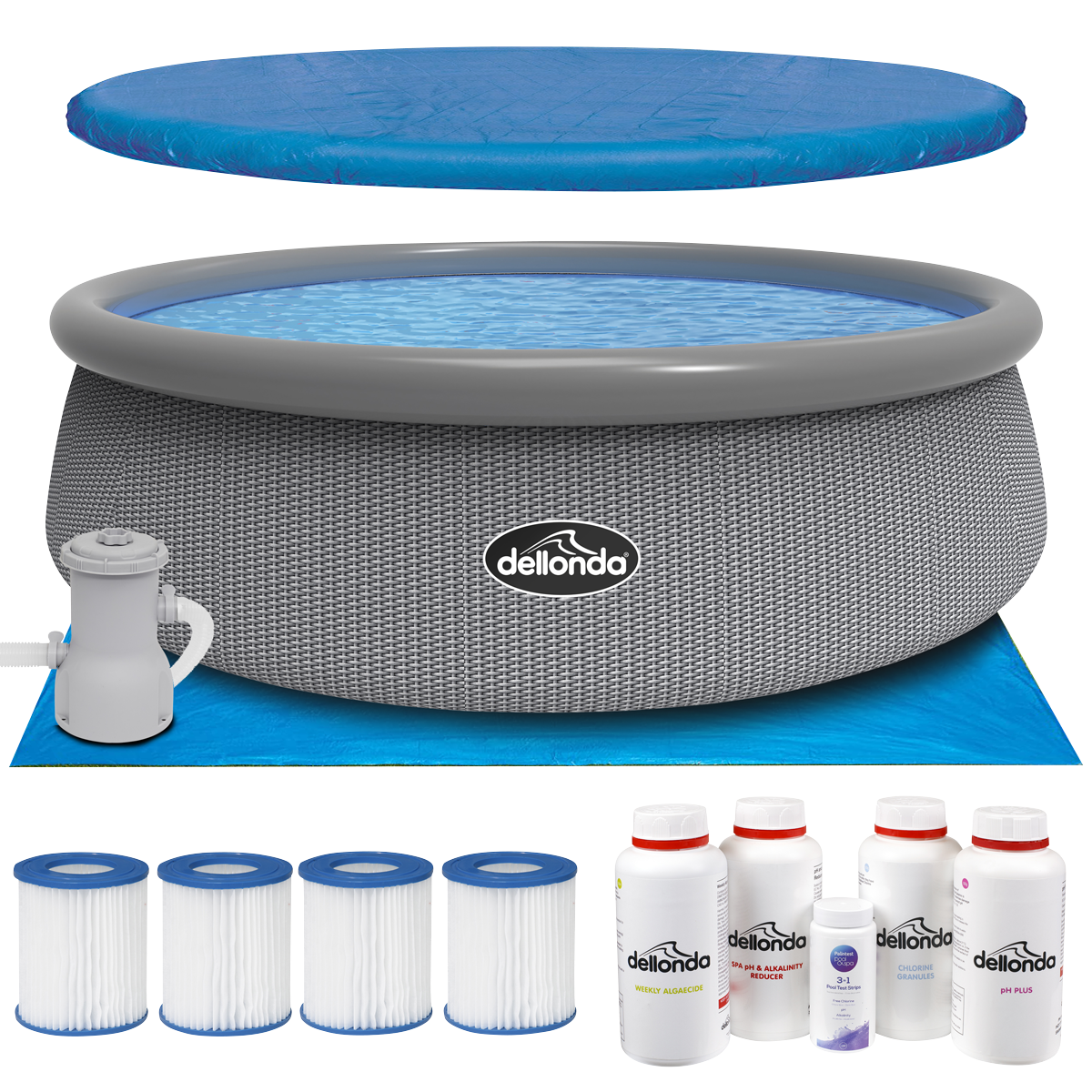 Dellonda Paddling/Swimming Pool & Pump with Cover, Ground Sheet, Test Strips, Starter Kit and Filters 15ft - Gray Rattan Effect