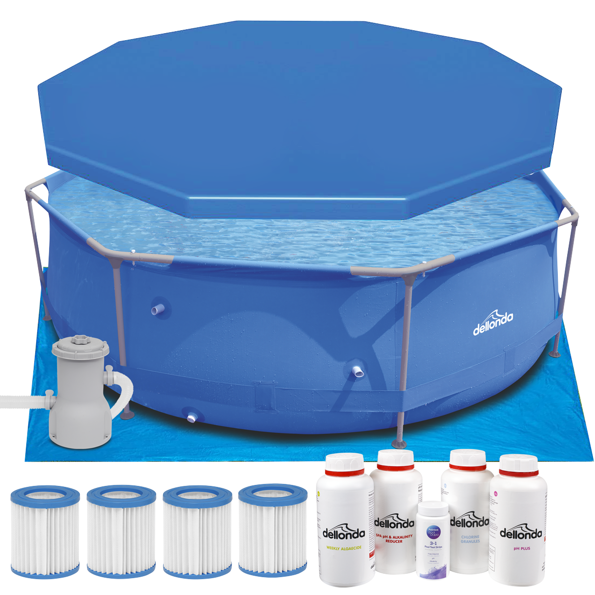 Dellonda Steel Frame Round Swimming Pool & Filter Pump with Cover, Ground Sheet, Test Strips, Starter Kit & Filters 10ft - Blue