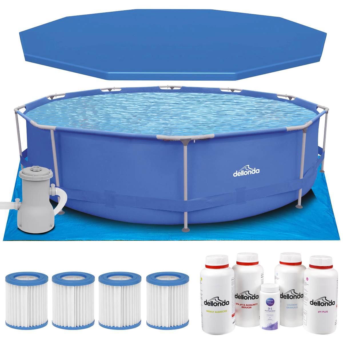 Dellonda Steel Frame Round Swimming Pool & Filter Pump with Cover, Ground Sheet, Test Strips, Starter Kit & Filters 12ft - Blue