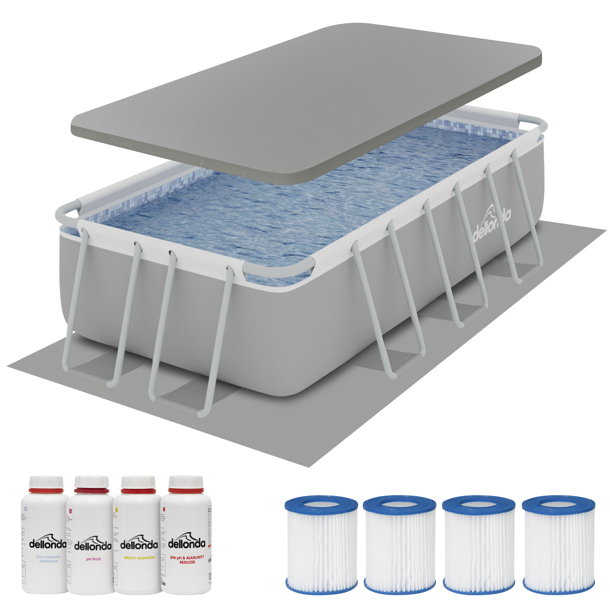 Dellonda Deluxe Steel Frame Swimming Pool with Filter Pump 13ft, Top Cover, Ground Sheet, Additional Filters & Starter Kit