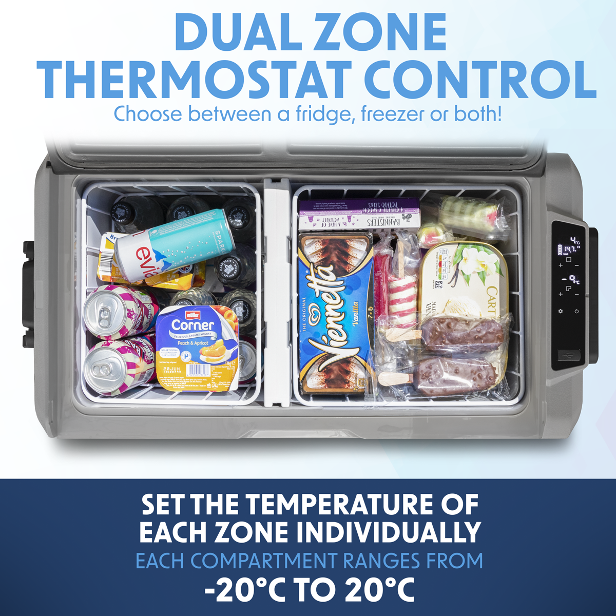 Dellonda DL15 Dual Zone Portable Fridge Freezer & Cool Box with LED Display, 60 Litre Capacity, 12/24V