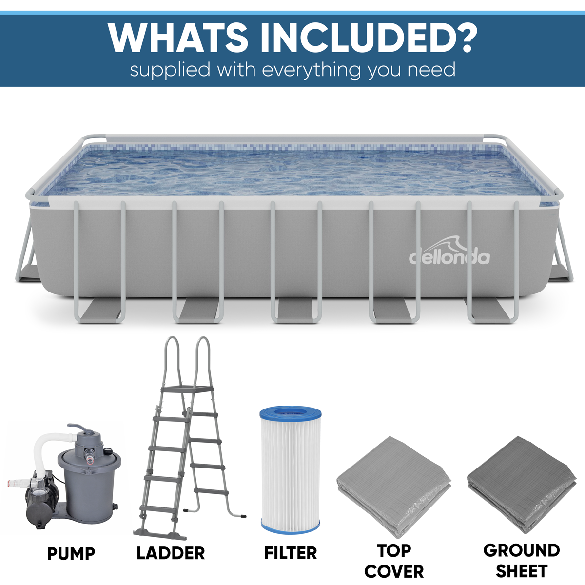Dellonda Deluxe Steel Frame Rectangular Swimming Pool with Step Ladder & Filter Pump 21ft