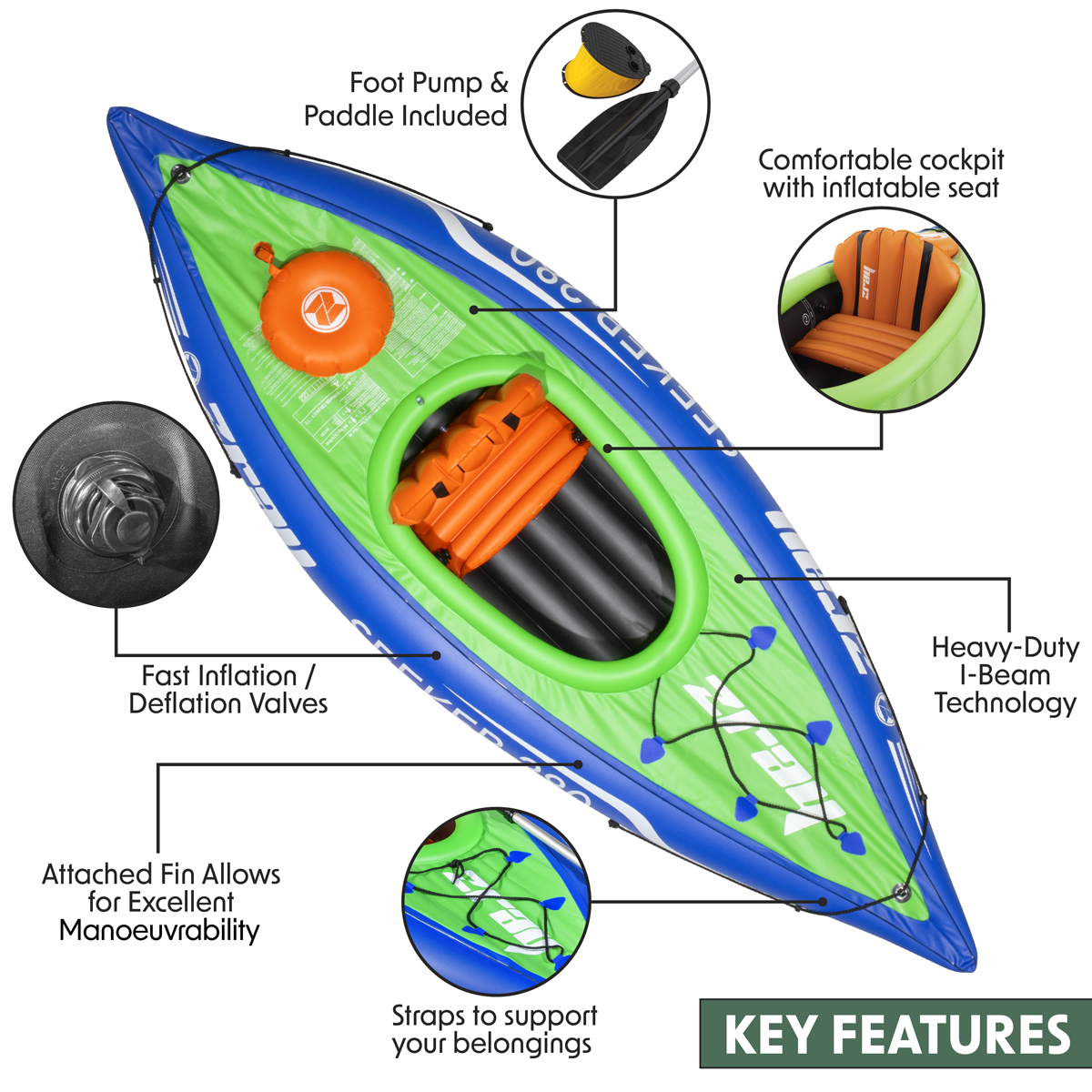 Dellonda Inflatable One-Person Kayak/Canoe Set, Blue/Green (DL154) (Factory Refurbished A)
