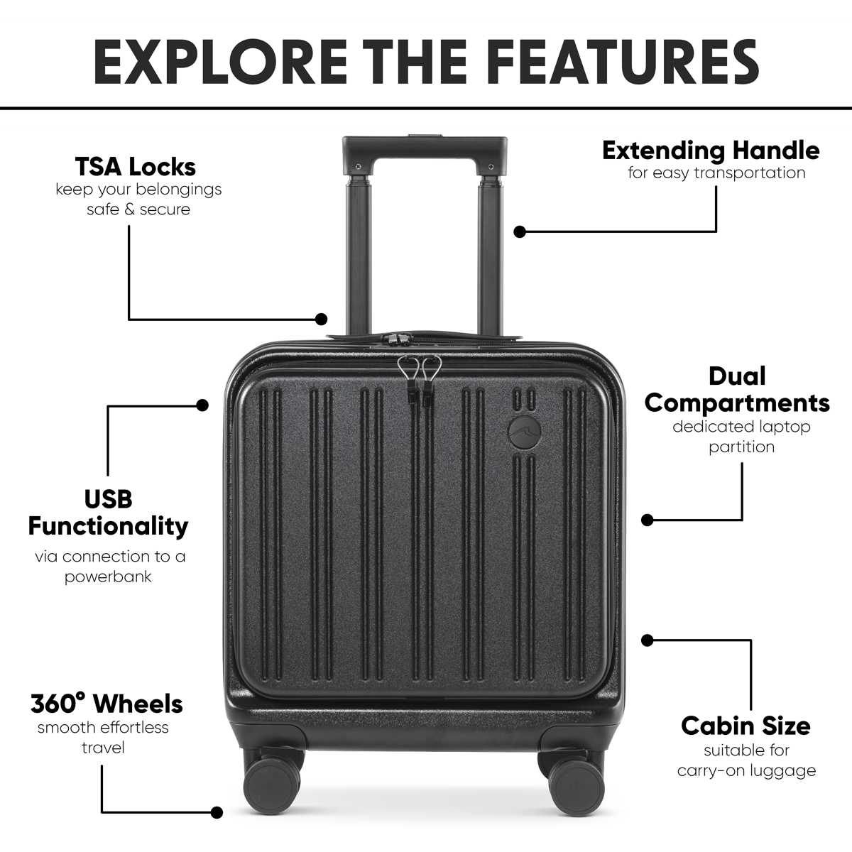 Dellonda Cabin Size Luggage with Dual TSA Lock 18", Black (DL156)