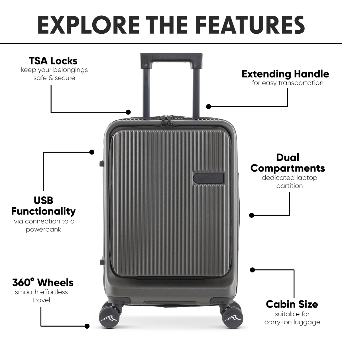 Dellonda Cabin Size Luggage with Dual TSA Lock 20", Black (DL157) (Factory Refurbished A)
